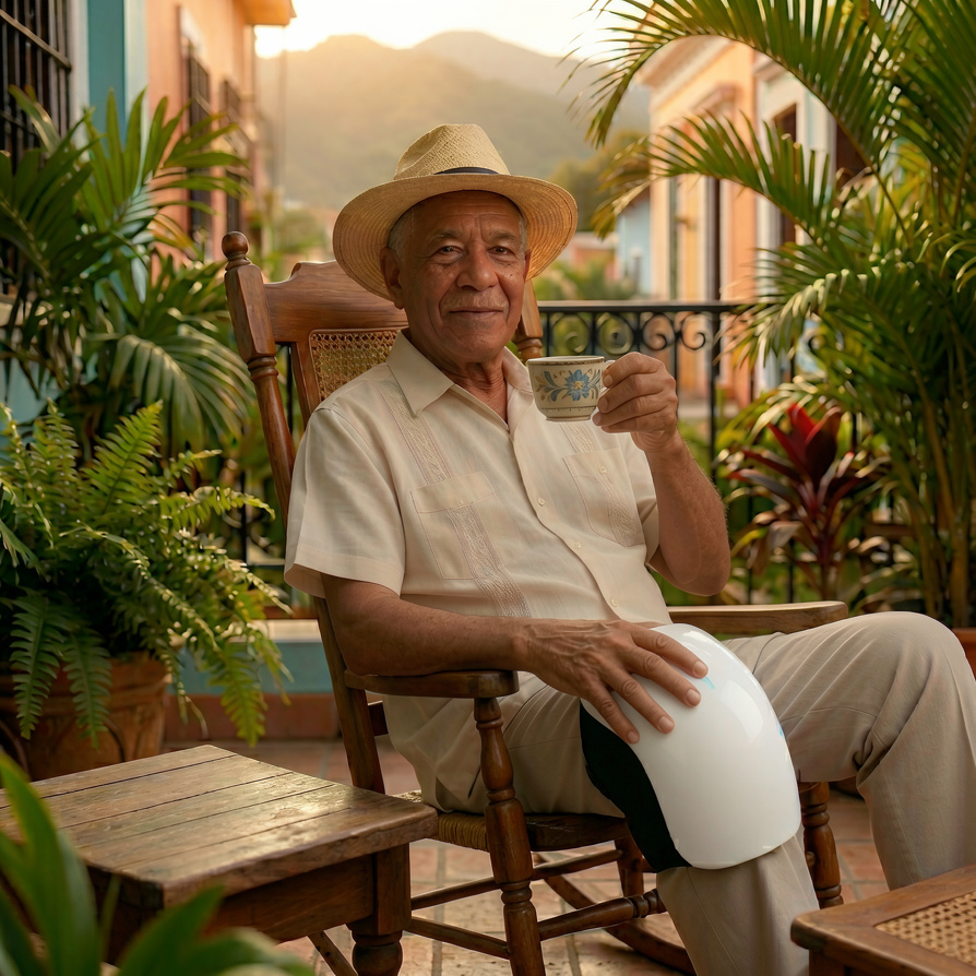 Hombre mayor disfrutando en terraza con OrthoFlex Pro
